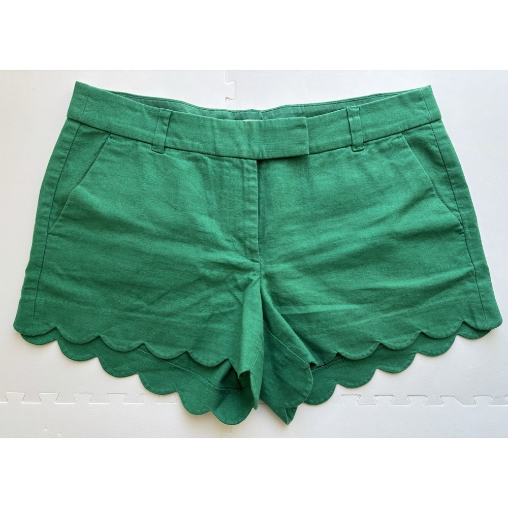 JCREW Womens Shorts Linen Cotton Scalloped Hem Low Rise Preppy - Size 12 Green